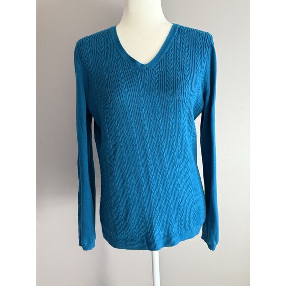 Talbots Cable Knit Sweater Lightweight V Neck Teal Blue Cotton Knit Preppy Large - Picture 1 of 16